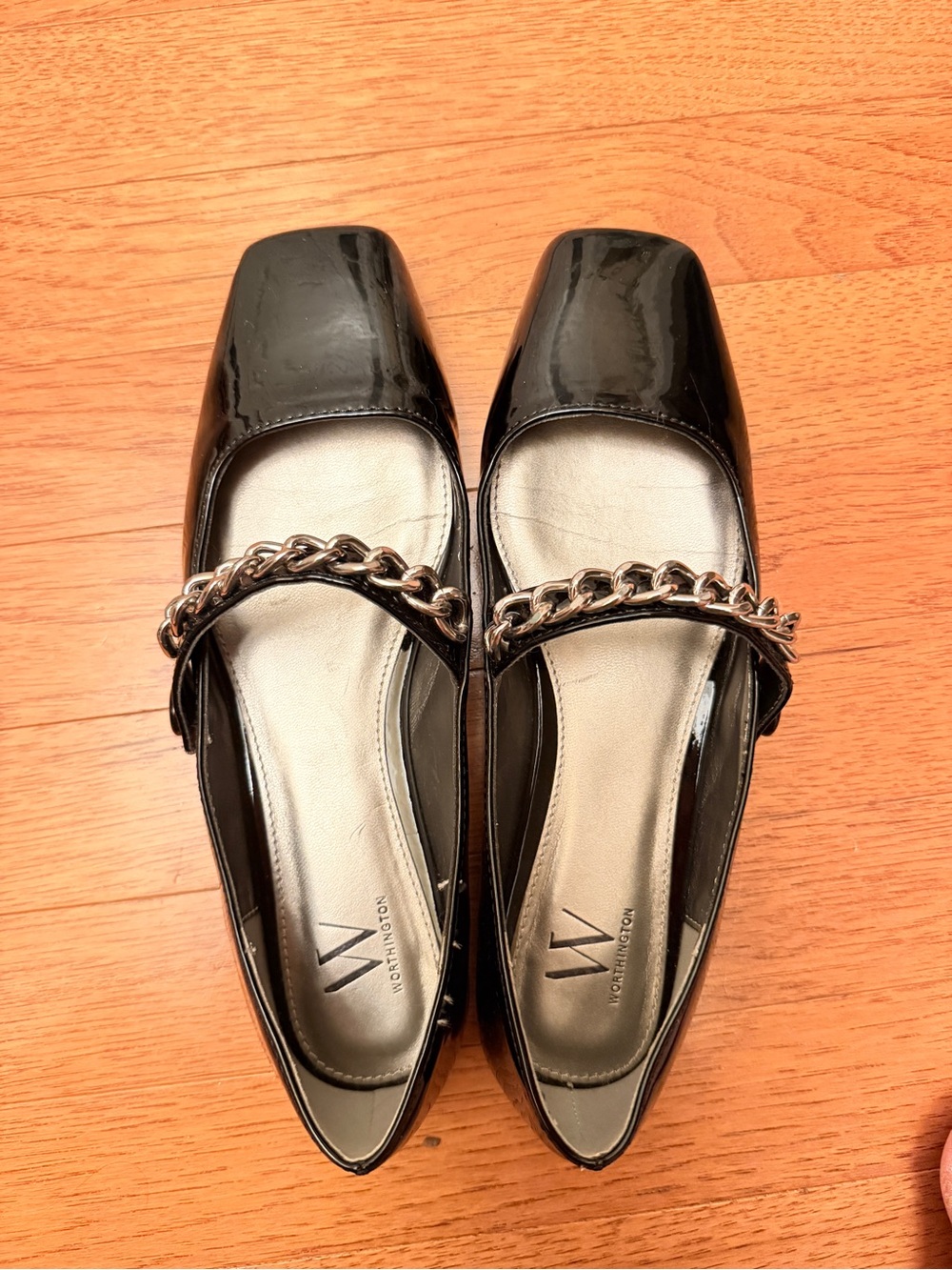 Worthington Black Patent Chain-Trim Square-Toe Flats